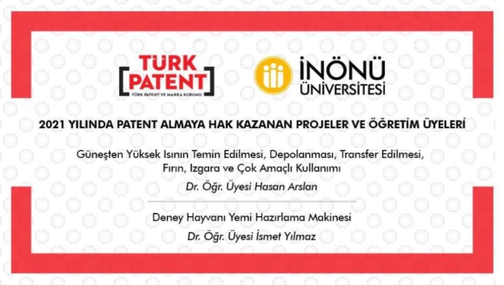 İnönü Üniversitesi'nin 2 Projesine İncelemeli Patent Belgesi