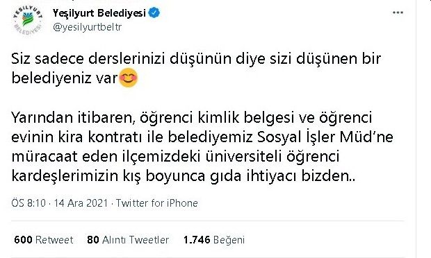 Kirada Oturan Öğrencilerin Gıdası Belediyeden